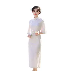Chinese high quality lace dresses elegant women party Large sleeved young daily long lace embroidered cheongsam