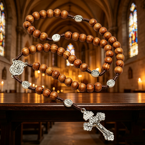 Elegantes rosarios católicos con conector Ilo y plata en oro laminado, pulsera de siete nudos, dije mini de San Benito. - Product Image 5