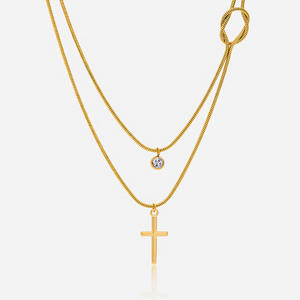 Colgante de Cruz de acero inoxidable en <span class=keywords><strong>tono</strong></span> dorado de 18 quilates, collar de cadena de eslabones de doble capa Vintage de moda de circón blanco, geométrico silencioso - Product Image 1