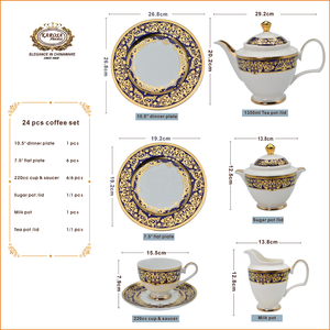 24pcs Luxury Style Bone China Porcelain Embossed Gold Include Dessert Dish Plate Gift Wedding Afternoon Coffee <strong>Tea</strong> <strong>Cup</strong> Set - Product Image 4