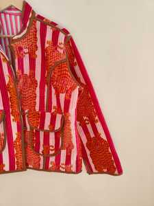 เสื้อแจ็คเก็ตผ้าควิลท์ลายเสือสีชมพูสำหรับผู้หญิง, เสื้อแจ็คเก็ตผ้าฝ้ายงานฝีมือแบบคันธา, เสื้อโค้ทฤดูหนาวสไตล์โบฮีเมียน - Product Image 3