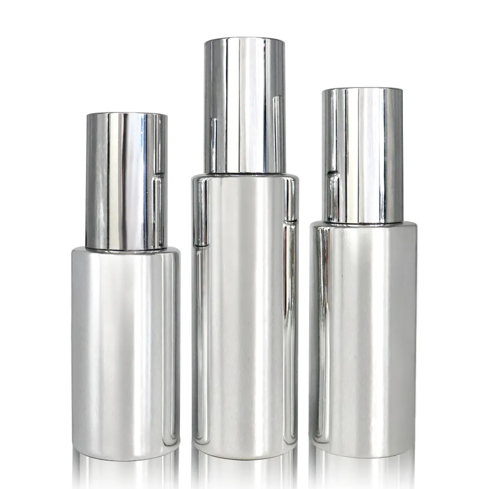 Embalagem cosmética 30ml 40ml 50ml 60ml 80ml 100ml Ombro liso banhado a prata Loção bomba Garrafa 1oz Glass Spray Bottle