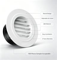Diffuseur d'air rond en plastique ABS, grille de ventilation réglable pour système CVC, bureau, hôtel, hôpital, école, projet commercial