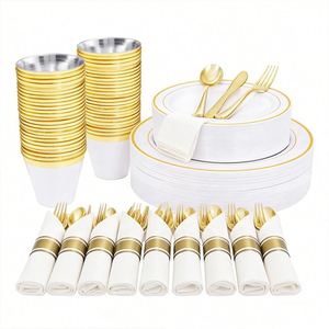 Assiettes rondes en plastique transparentes noires, rouges et colorées, jetables, pour le déjeuner, les mariages et les fêtes, avec gobelets et couverts - Product Image 1