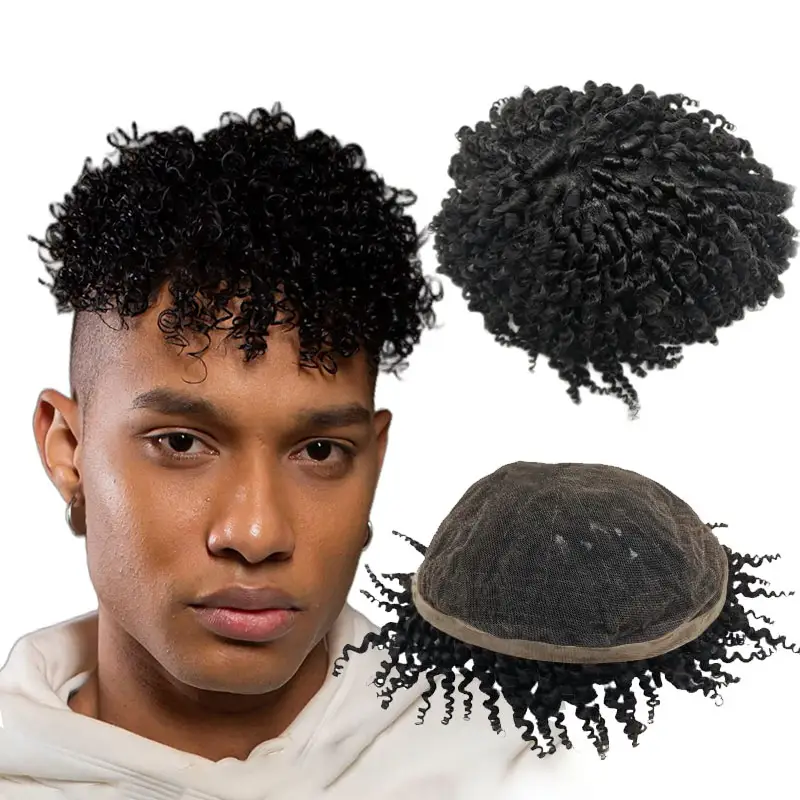 Stokta ucuz fiyat erkek kıvırcık uzun tarzı dantel baz değiştirme sistemleri 100% doğal insan saçı postiş siyah erkekler peruk