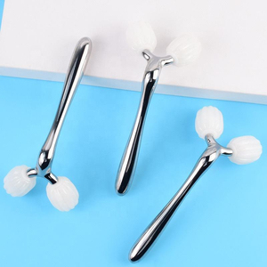 Natural Rose Quartz <b>Jade</b> <b>Roller</b> Manual Beauty Uplift V Face Massager 3D Face Massage <b>Roller</b> Metal Frame - Product Image 5