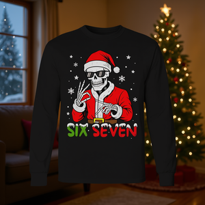 Six Seven Skeleton Santa Christmas T-shirt a maniche lunghe Gen Z Slang - Product Image 3