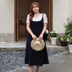 เดรสลำลองสีน้ำเงินกรมท่าทรงเอไลน์เอวสูงรุ่น Runqi N8712 สำหรับผู้หญิงไซส์พลัส สีพื้น คอวี สายเดี่ยว ใส่ได้ทุกวัน - Product Image 4