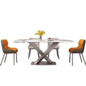 Rectangle Dining Room Sets Gold Metal Base Dining Table And 6 Chair Restaurant Furniture Italian Luxury Modern Dining Table Sets