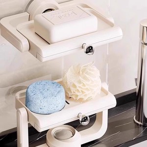 Jabonera Giratoria de Color Crema para Montar en la Pared con Ventosa, Jabonera Rectangular de Plástico para Baño - Product Image 3