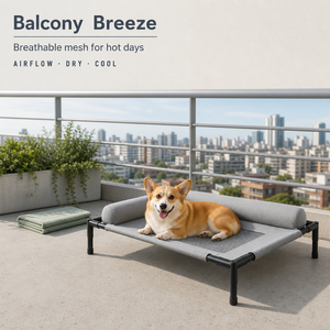 Elevated Metal Frame Pet Bed Breathable Mesh Sleeping Surface Bolster Headrest Dog Cot <b>Cat</b> Bed Indoor Gray Fabric - Product Image 4