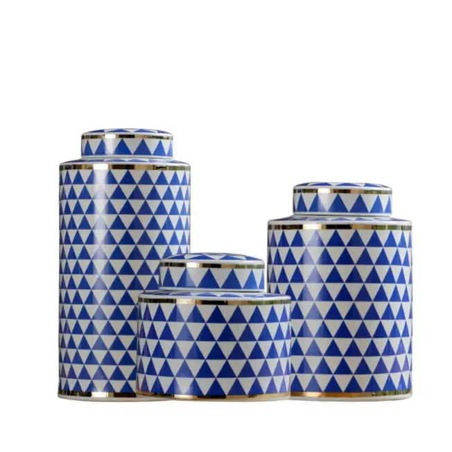 Geometric patterns light blue home decoration items kitchen storage jar ceramic interior vase