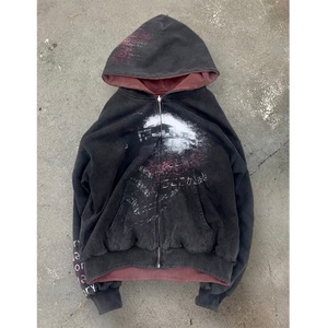 Sweat à capuche rétro surdimensionné à double face avec fermeture éclair, motif graphique vintage délavé personnalisé pour couple, streetwear pour hommes et femmes - Product Image 1