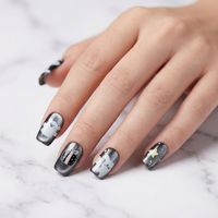 Ongles press-on imprimés UV motif lapin mignon, ongles courts carrés noirs brillants, ongles acryliques réutilisables