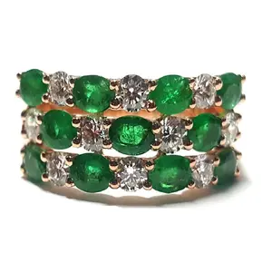 Natural Jewellery Decorative Casual Design 18k Rose Gold Diamond & Oval Emerald Gem Stone Jewelry Wide Band Ring For Lady