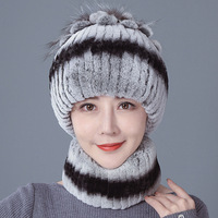 Ensemble chapeau et écharpe en fourrure de lapin Rex véritable, tricoté à la main, chaud et coupe-vent pour l'hiver, pour femmes, vente en gros OEM