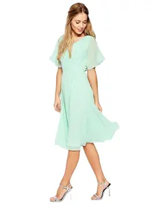 2021 Summer Long Mint Lace And Pleat Chiffon Midi Dress for Women