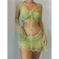 Ensemble Robe Tricotée Femme en Gros Couleur Unie Paillettes Manches Longues Creuses Bandage Crop Top + Mini-Jupe S-XL 4 Couleurs