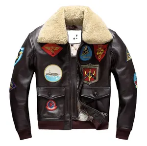 Custom Brand Mens Genuine Real Leather Shearling Jackets Sheepskin Fur Bomber Leather Coat Jacket