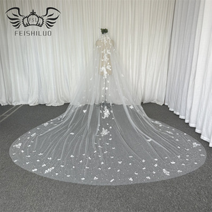 Velo da Sposa Feishiluo <span class=keywords><strong>di</strong></span> Lusso a Uno Strato, Lungo 350 cm, Stile Cattedrale, in Pizzo Floreale Completo con Pettine, Perline e <span class=keywords><strong>Diamanti</strong></span> - Product Image 5