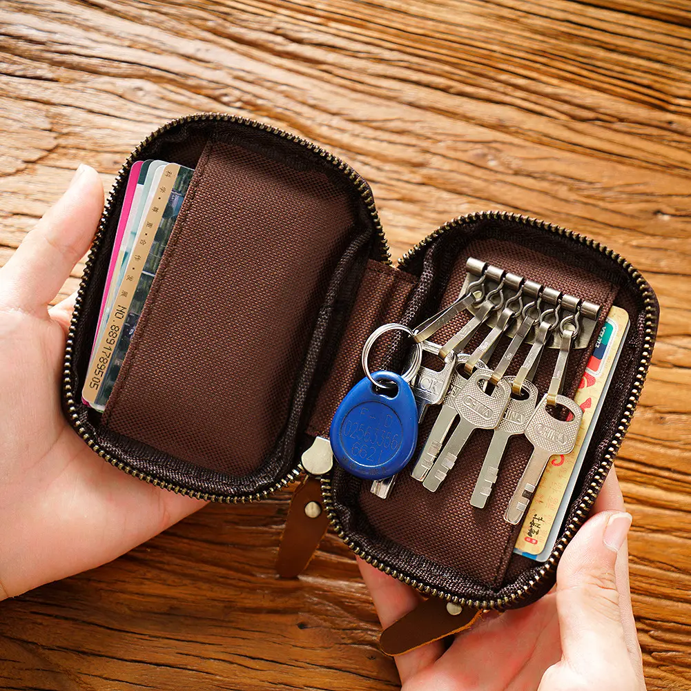 Genuine Leather Key Card Holder Wallet Keys Fob Organizer Zipper Bag Crazy Horse Handmade Gift