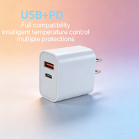 Cargador Rápido de 20W con PD+QC3.0, Adaptador de Pared USB-C/USB-A con Enchufe US/AU/EU para Teléfonos Android y Cámaras 15/14/13 Pro