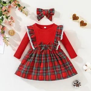 Noel tartan kırmızı nervürlü pamuk bebek elbise parti giyim yay çocuklar kızlar için elbiseler