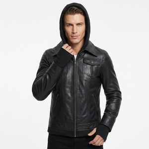 Chaqueta de Motociclista de Cuero Vacuno Genuino para Hombre, con Capucha Desmontable, Cierre de Cremallera, Color Negro Sólido, Estilo Otoñal, Corte Regular - Product Image 3