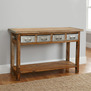 Table console en bois massif de style industriel et farmhouse avec 2 tiroirs pour salon, hôtel, appartement - Product Image 3