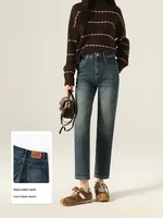 Jeans droits en denim d'hiver taille haute amincissants à quatre sens extensibles lavés à la nano, pantalon cigarette vintage bleu pour femmes