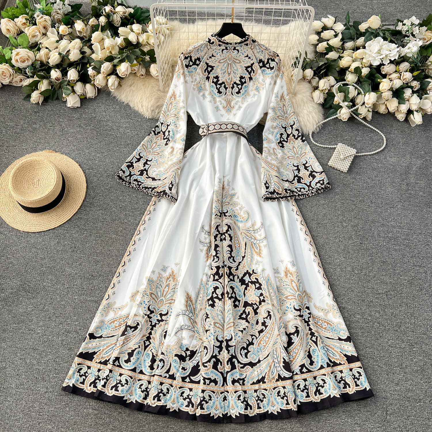 green emerald velvet dress Womens Sexy V-Neck Long Sleeve Flower Long Dress Vintage Western Country  Maxi Chiffon Dress Fall Casual Flowy Dress,Caramel,S at Amazon Women's  Clothing store main image 0