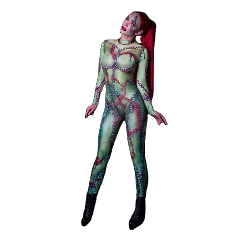 Disfraces de Halloween para mujer, mono ajustado con estampado de esqueleto aterrador para adultos, <span class=keywords><strong>traje</strong></span> de Cosplay verde