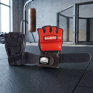 Gants d'entraînement Saibro, demi-doigts, en cuir, fermeture Velcro, arts martiaux, adultes, rouge et noir - Product Image 4