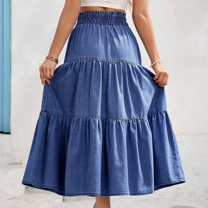 <span class=keywords><strong>Jupe</strong></span> <span class=keywords><strong>longue</strong></span> en jean décontractée vintage, taille élastique, coupe ample à volants, style doux, automne-printemps, <span class=keywords><strong>poches</strong></span> boutonnées, techniques de lavage - Product Image 2