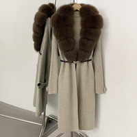 Pull long en tricot pour femme, automne et hiver, avec ceinture à nouer, col en vraie fourrure de renard, veste longue en tricot pour femme