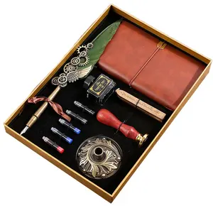 Green Feather Pen and Journal Notebook Gift Set Wholesale Feather Calligraphy Pen Wax Seal Stamp Wax Seal Sticks Kit