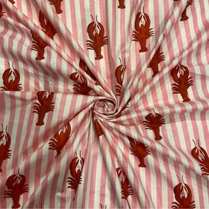 <b>Nautical</b> Red Lobster Stripe Print Washed Organic Eco-Friendly Carded Lightweight Cotton Fabric Apparel Home Decor <b>Curtains</b> - Product Image 1