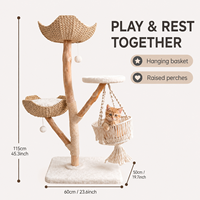 Arbre à chat bohème avec panier suspendu en macramé, lits tissés à la main, zone de grattage en branches de bois naturel et corde, matériaux personnalisés ODM