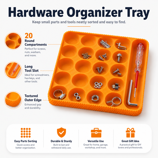 Wholesale 3D Printed DIY Hardware Organizer Tray, 20 Round Compartments & Long Tool Slot, Textured Edge for Workshop.