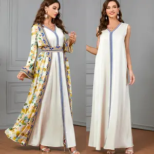 Vrouwen Islamitische Kleding Turkse Design Bescheiden Abaya Moslim Jurk Voor Dames Satincardigan Saudi 2 Delige Abaya Set Avondjurken