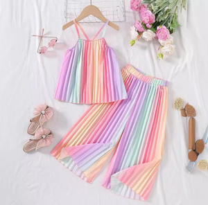 4-7Y abbigliamento estivo per <span class=keywords><strong>bambina</strong></span> bretelle colorate plissettate <span class=keywords><strong>pantaloni</strong></span> larghi 2 pezzi vestiti per bambini - Product Image 1