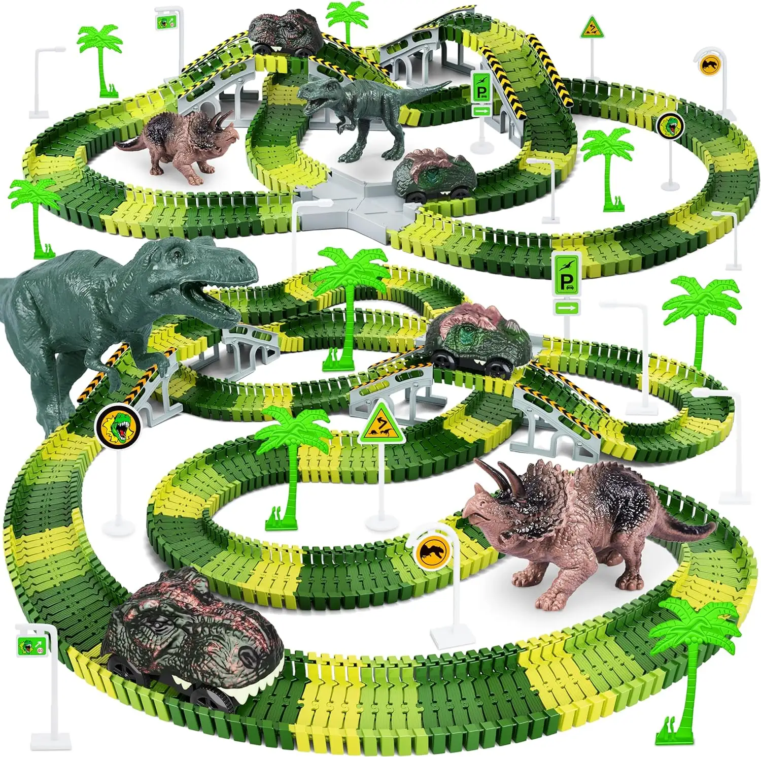 Игрушки-Динозавры, 252 шт., набор для гибких дорожных гонок с динозаврами и 2 крутых автомобиля-динозавра для мальчиков и девочек