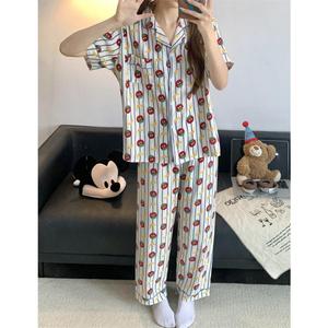 Ensemble de pyjama d'été pour femmes : haut à manches courtes et pantalon long, motif nuage de dessin animé, style cardigan léger - portable - Product Image 1