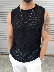 <span class=keywords><strong>Camisetas</strong></span> sin mangas transpirables sexis <span class=keywords><strong>para</strong></span> hombre, estilo informal de punto transparente negro, talla XL, sin mangas, ropa de gimnasio hueca - Product Image 4