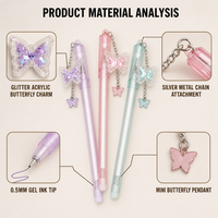 Stylo gel avec pendentif papillon en acrylique pailleté mignon, encre noire 0,5 mm, cadeau pour écolière, logo personnalisé OEM, vente en gros