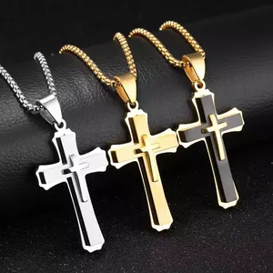 Grand collier pendentif croix en acier titane pour hommes adolescents garçons bijoux trois couches jésus croix Crucifix colliers avec boîte chaîne