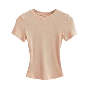 Camiseta Corta para Mujer, Cuello Redondo, Color Sólido, Casual, Manga Corta, Tejido Ecológico, Alta Calidad, Venta al Por Mayor - Product Image 2