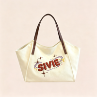 Sac fourre-tout en toile brodée avec poignée en cuir PU, grande capacité, sac à bandoulière, logo brodé personnalisé, motif pour la vente en gros