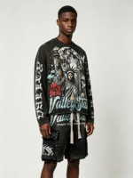 T-shirt personnalisé à manches longues pour homme, style Y2K Streetwear, avec rivets et strass, coupe épaisse et vieillie, graphique, oversize et coupe carrée