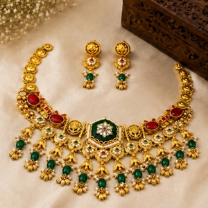 Elegant 925 <b>Silver</b> Temple Necklace and Earrings Set with Green Red Stones Traditional Indian Bridal Jewelry for Women - Product Image 1